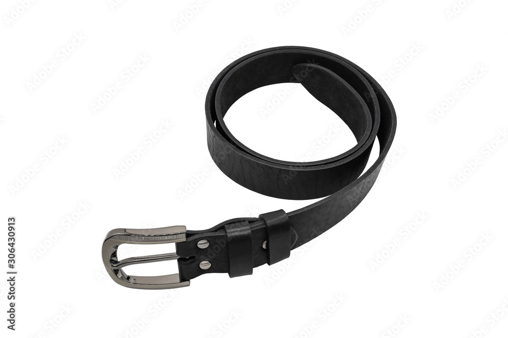 Black leather belt folded in a roll isolated on white background Black leather belt folded in a roll isolated on white background
