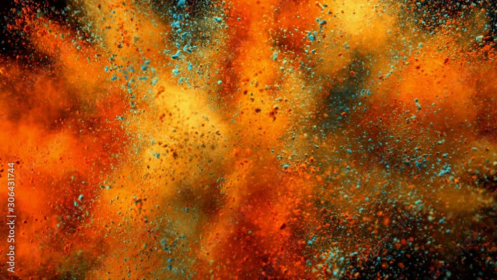 Super slow motion of coloured powder explosion isolated on black background. Filmed on high speed cinema camera, 1000fps.