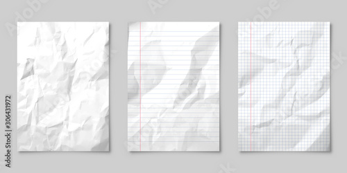 Realistic blank lined crumpled paper sheet with shadow in A4 format isolated on gray background. Notebook or book page. Design template or mockup. Vector illustration.
