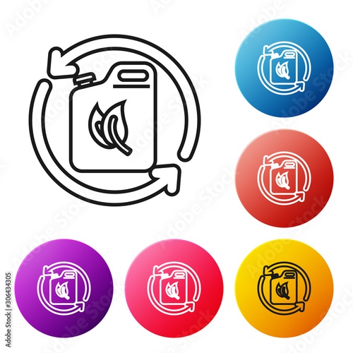 Black line Bio fuel canister icon isolated on white background. Eco bio and barrel. Green environment and recycle. Set icons colorful circle buttons. Vector Illustration