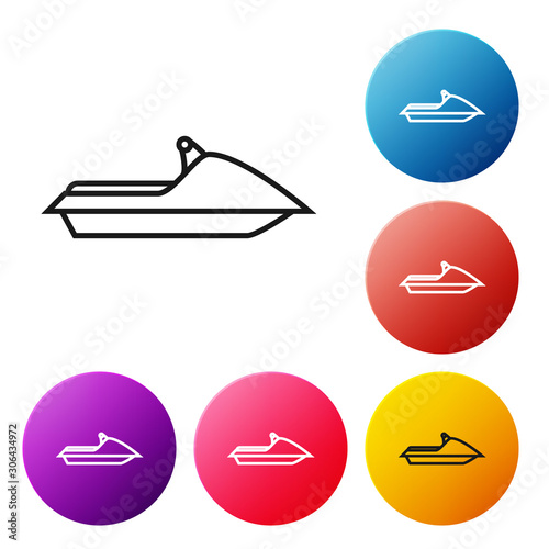 Black line Jet ski icon isolated on white background. Water scooter. Extreme sport. Set icons colorful circle buttons. Vector Illustration