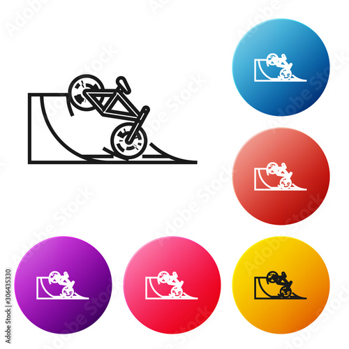 Black line Bicycle on street ramp icon isolated on white background. Skate park. Extreme sport. Sport equipment. Set icons colorful circle buttons. Vector Illustration