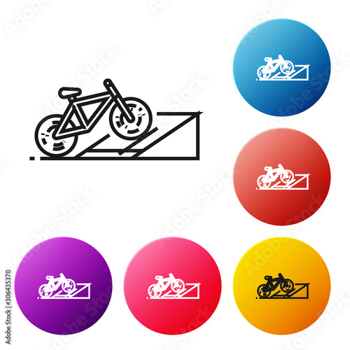 Black line Bicycle on street ramp icon isolated on white background. Skate park. Extreme sport. Sport equipment. Set icons colorful circle buttons. Vector Illustration