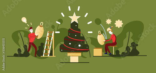 christmas social story of how a family decorates a Christmas tree on new year vector illustration in scandinavian style. preparation for the holiday