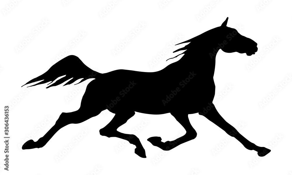 black silhouette of a running horse, isolated on white background, running on a racetrack