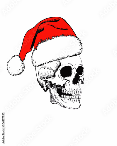 Graphical sketch of human skull in Santa Claus hat isolated on white background,vector illustration