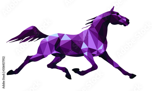 running horse, Trotter, monochrome, amethyst, purple, isolated image on white background in low poly style 