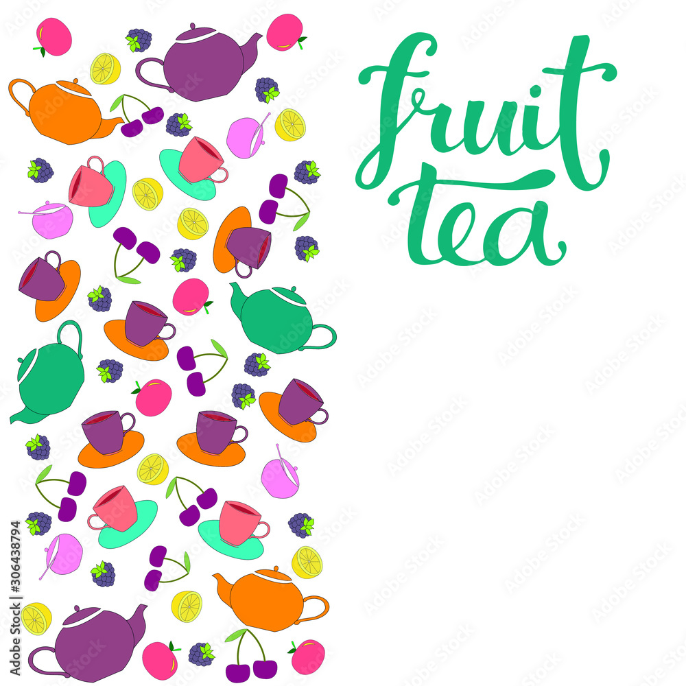Fruit tea  inscription hand writing. Hand drawn stock vector illustration fruit tea icon isolated on white background for tea shop, tea house, menu, interior decor, packaging box.