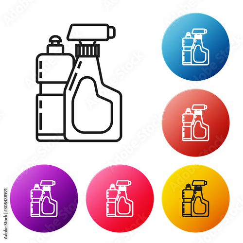 Black line Plastic bottles for liquid laundry detergent, bleach, dishwashing liquid or another cleaning agent icon isolated on white background. Set icons colorful circle buttons. Vector Illustration
