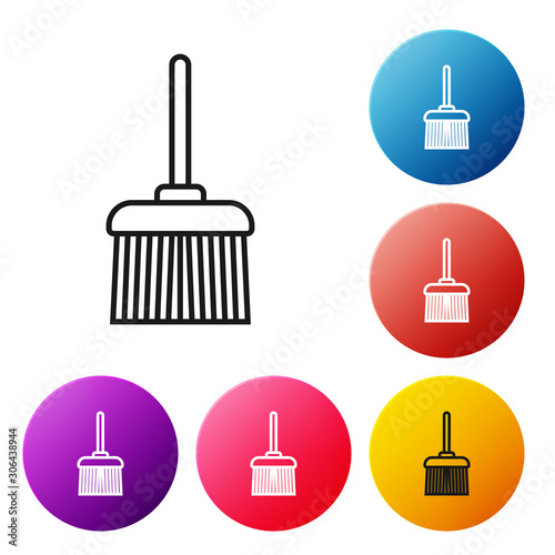 Black line Handle broom icon isolated on white background. Cleaning service concept. Set icons colorful circle buttons. Vector Illustration