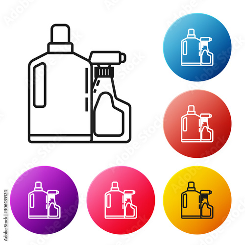 Black line Plastic bottles for liquid laundry detergent, bleach, dishwashing liquid or another cleaning agent icon isolated on white background. Set icons colorful circle buttons. Vector Illustration