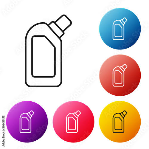 Black line Plastic bottle for liquid laundry detergent, bleach, dishwashing liquid or another cleaning agent icon isolated on white background. Set icons colorful circle buttons. Vector Illustration