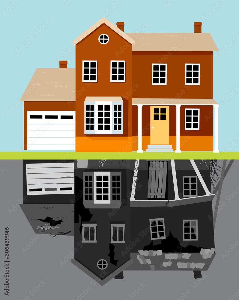 Nice renovated building with an upside down reflection of the same building in a dilapidated before renovation state, EPS 8 vector illustration