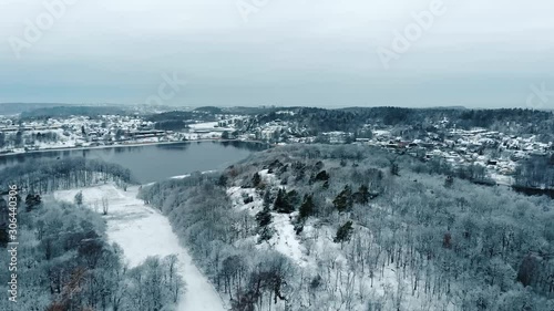 Drone aerial view of hills and lake close to Gunnebo Palace in Sweden photo