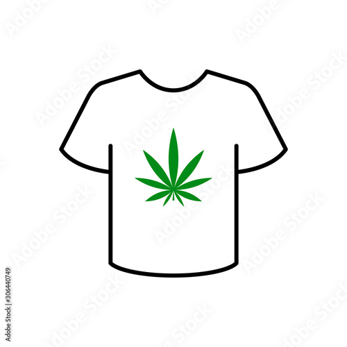 Icono plano lineal camiseta t con logotipo hoja de cannabis en color verde