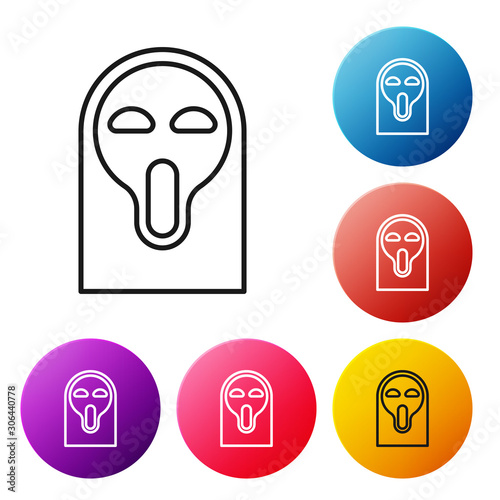 Black line Funny and scary ghost mask for Halloween icon isolated on white background. Happy Halloween party. Set icons colorful circle buttons. Vector Illustration