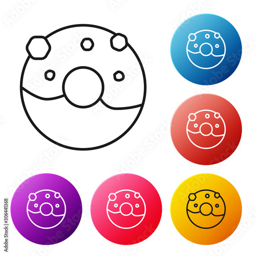 Black line Donut with sweet glaze icon isolated on white background. Set icons colorful circle buttons. Vector Illustration