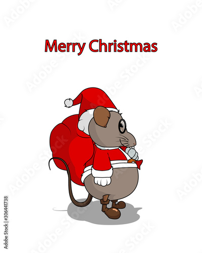 Santa claus mouse carrying a merry christmas bag