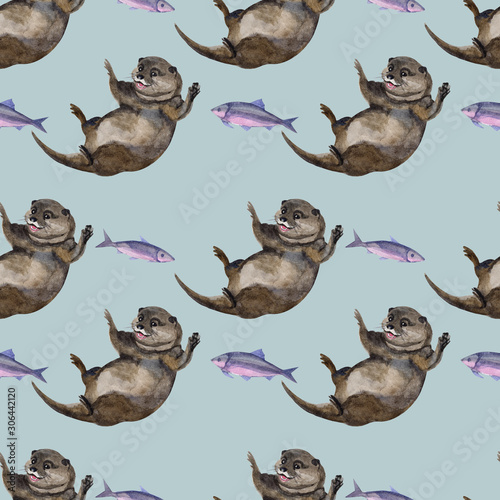 Watercolor seamless pattern with otter hand drawing decorative background. Print for textile, cloth, wallpaper, scrapbooking © Artmirei