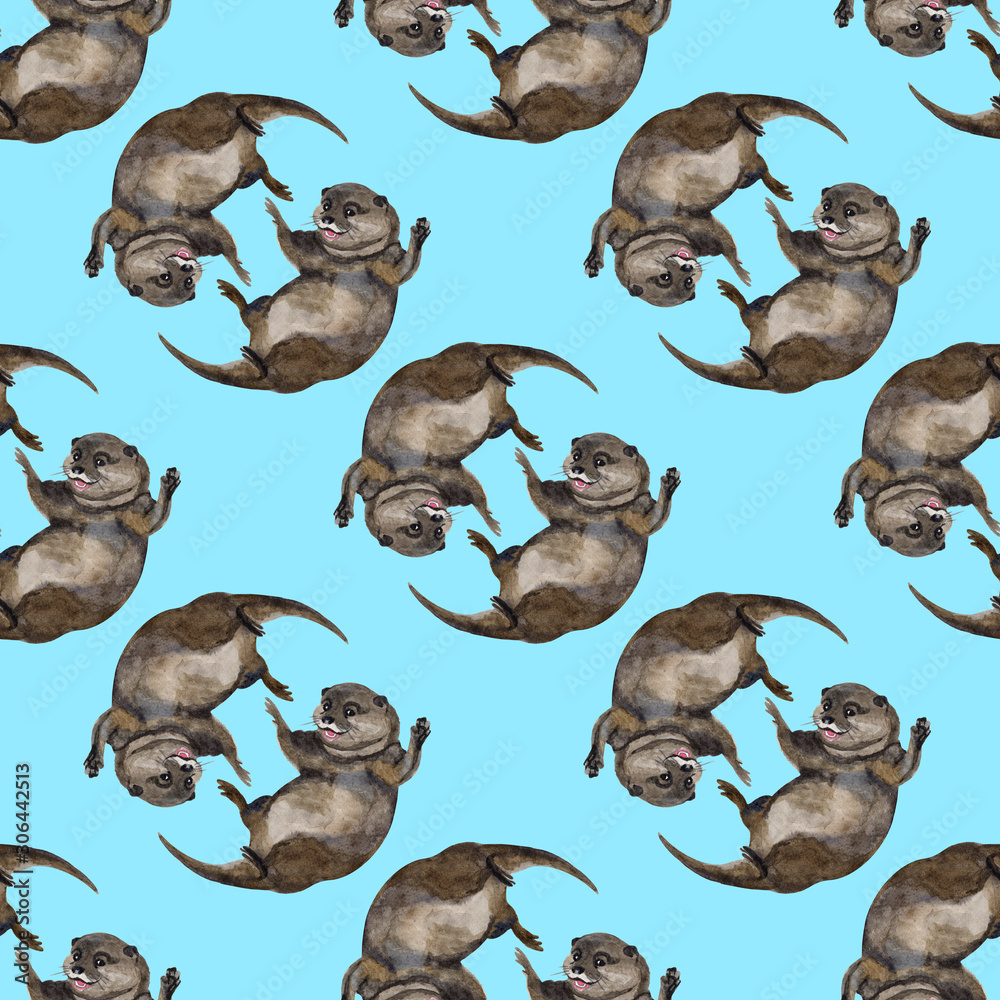Fototapeta premium Watercolor seamless pattern with otter hand drawing decorative background. Print for textile, cloth, wallpaper, scrapbooking