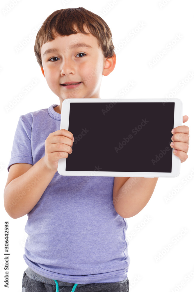 Young boy child holding tablet computer information marketing ad advertising isolated on white