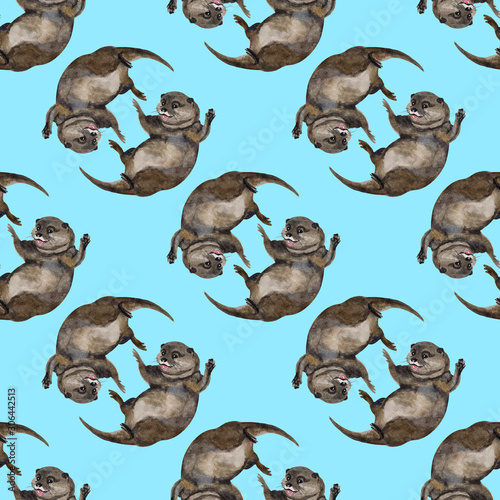 Fototapeta Naklejka Na Ścianę i Meble -  Watercolor seamless pattern with otter hand drawing decorative background. Print for textile, cloth, wallpaper, scrapbooking