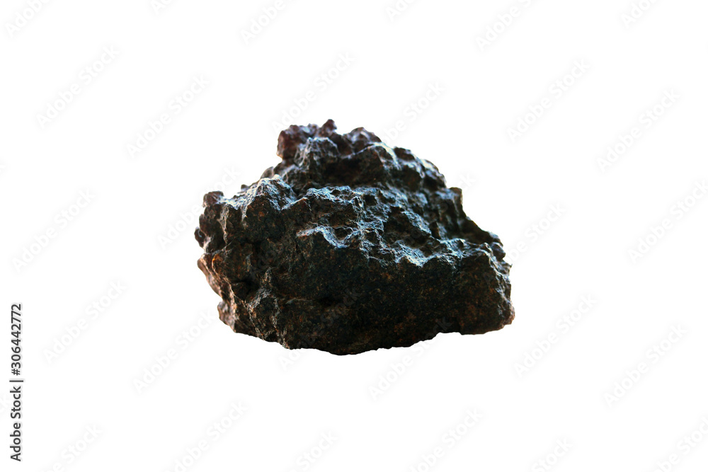 Natural stone with recesses and holes isolated on white background. Piece of meteorite, weapon of the proletariat Natural stone with recesses and holes isolated on white background. Piece of meteorite, weapon of the proletariat