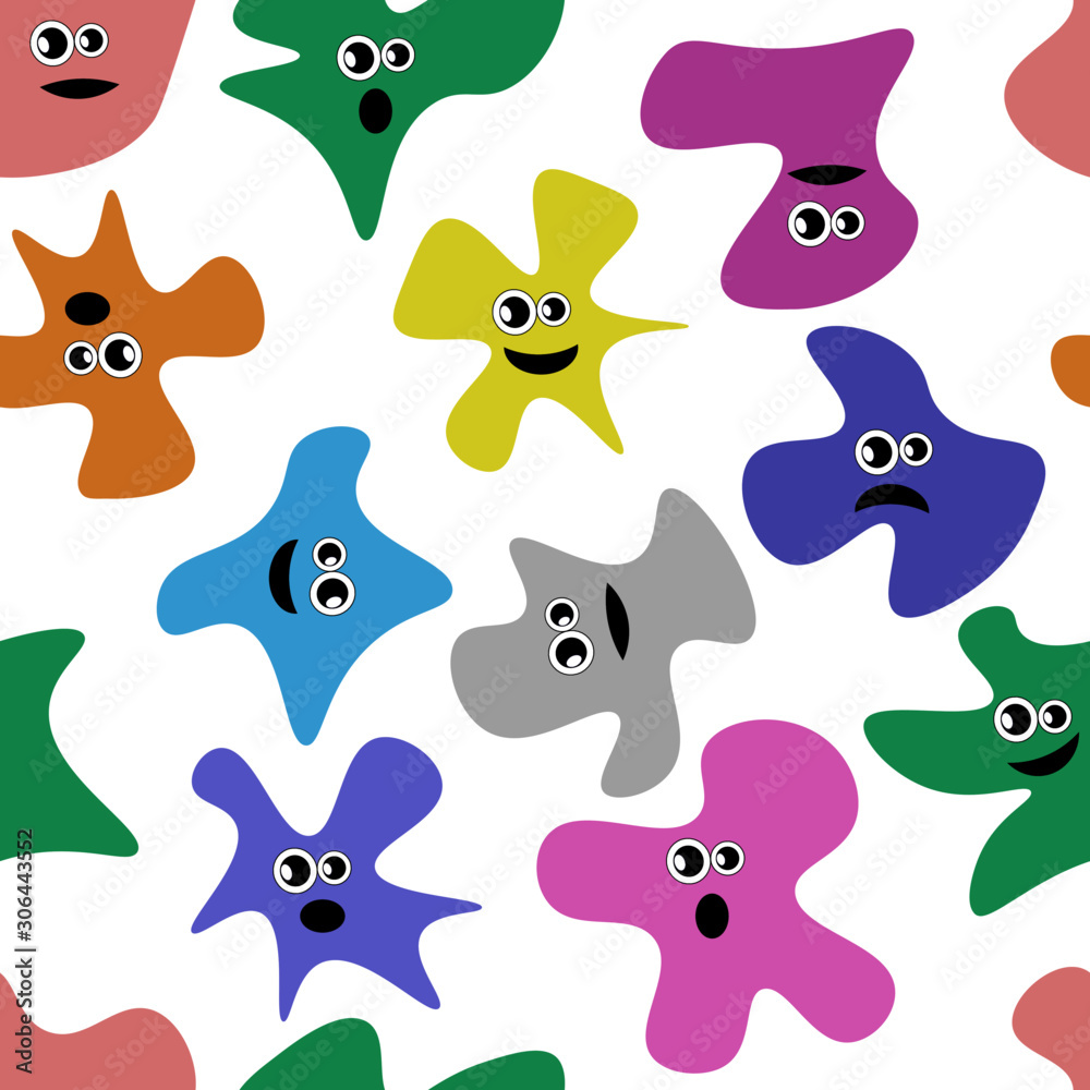 Cute seamless pattern witn colorful spots. Funny smiling faces and other emotions. Cute seamless pattern witn colorful spots. Funny smiling faces and other emotions.