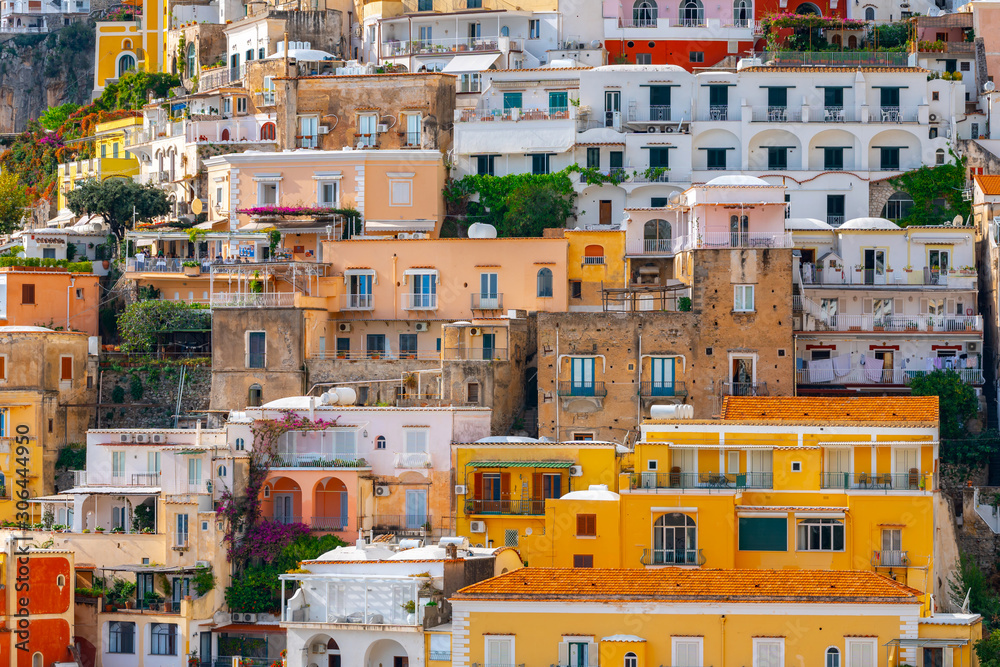 Colorful houses of Positano along Amalfi coast, terraced houses, Italy.