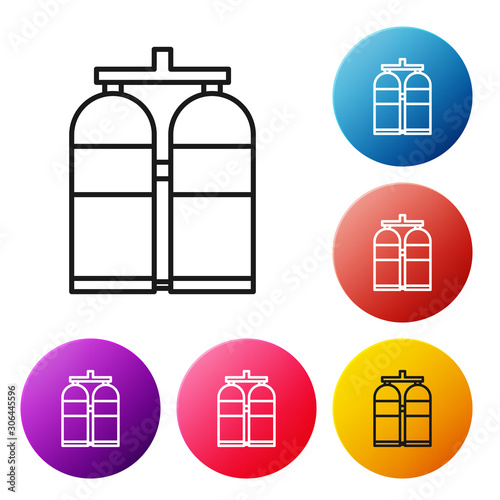 Black line Aqualung icon isolated on white background. Oxygen tank for diver. Diving equipment. Extreme sport. Diving underwater equipment. Set icons colorful circle buttons. Vector Illustration