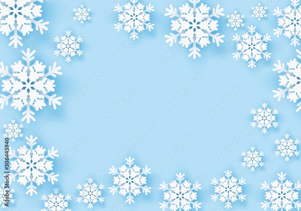 Winter snowflake greeting banner with blue background. Origami white snow invitation design card. Wintertime paper poster template for christmas holiday. Snow flakes frame pattern for text. Vector Winter snowflake greeting banner with blue background. Origami white snow invitation design card. Wintertime paper poster template for christmas holiday. Snow flakes frame pattern for text. Vector