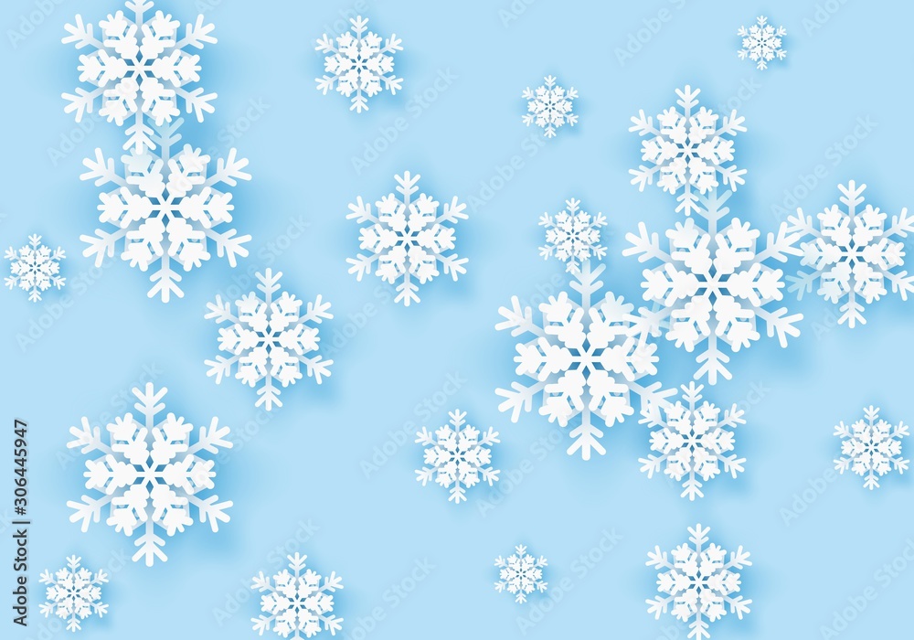Winter snowflake greeting banner with blue background. Origami white snow invitation design card. Wintertime paper poster template for christmas holiday. Snow flakes frame pattern. Vector illustration Winter snowflake greeting banner with blue background. Origami white snow invitation design card. Wintertime paper poster template for christmas holiday. Snow flakes frame pattern. Vector illustration