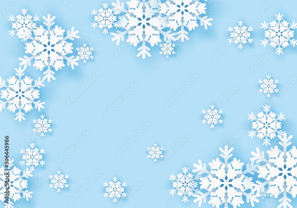 Winter origami snowflake greeting banner with blue background. White snow invitation design card. Wintertime paper poster template for christmas holiday. Snow flakes frame pattern for text. Vector