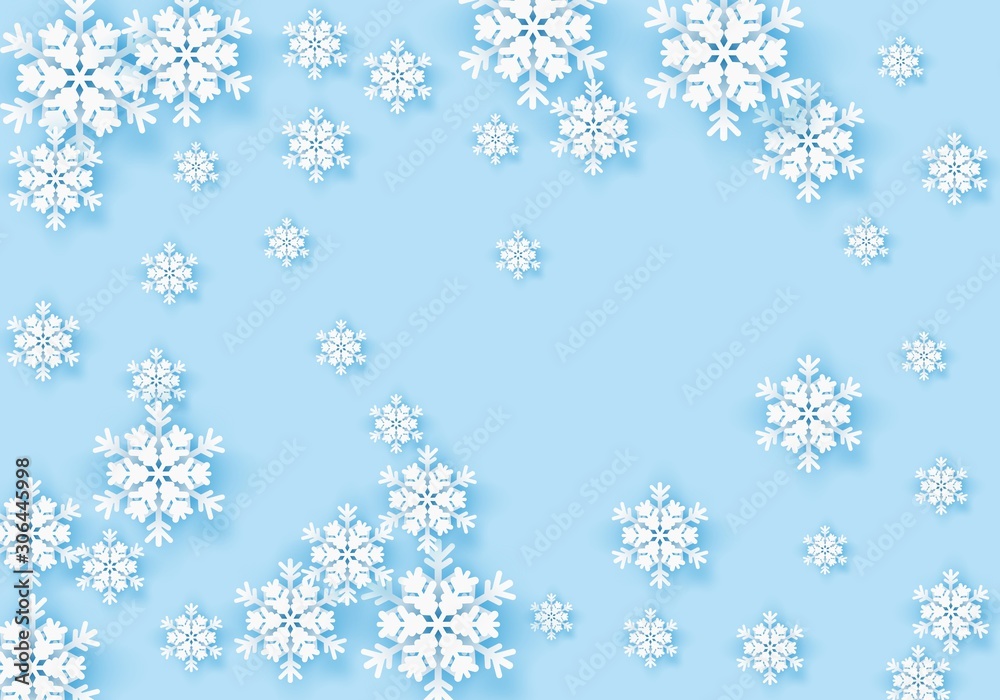 Winter origami snowflake greeting banner with blue background. White snow invitation design card. Wintertime paper poster template for christmas holiday. Snow flakes frame pattern for text. Vector