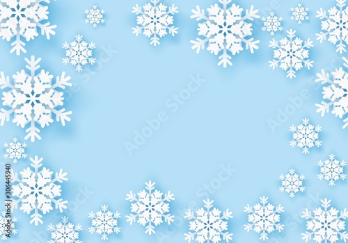 Winter snowflake greeting banner with blue background. Origami white snow invitation design card. Wintertime paper poster template for christmas holiday. Snow flakes frame pattern for text. Vector