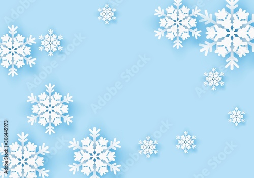Winter origami snowflake greeting banner with blue background. White snow invitation design card. Wintertime paper poster template for christmas holiday. Snow flakes frame pattern for text. Vector