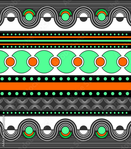 Geometrical pattern with symmetrically illustrated objects. Green, orange, and grey ornament with curved and straight lines and circle.