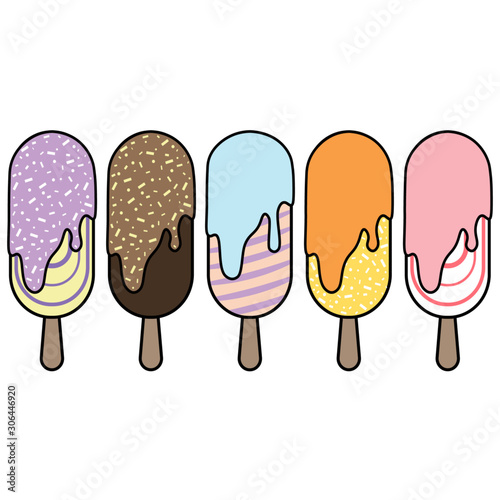 Ice cream collection, popsicles with different flavours, vector illustration.