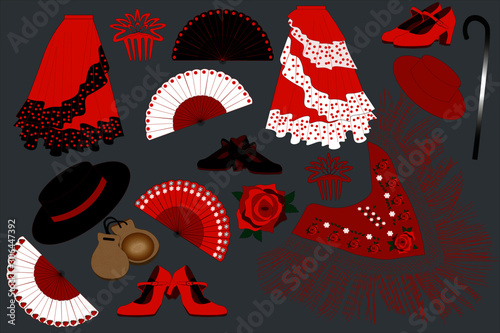 Flamenco dancer belongings. Clothes and other flamenco dancer attributes. Everything necessary for traditional Spanish dancer.