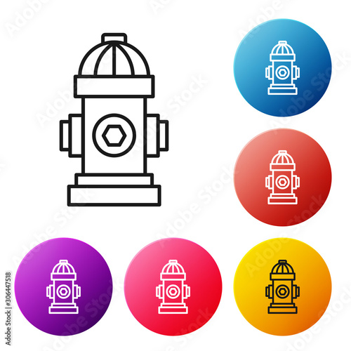 Black line Fire hydrant icon isolated on white background. Set icons colorful circle buttons. Vector Illustration