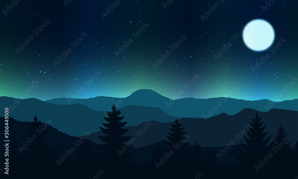 Night view landscape. Full moon light at mountain and forest.