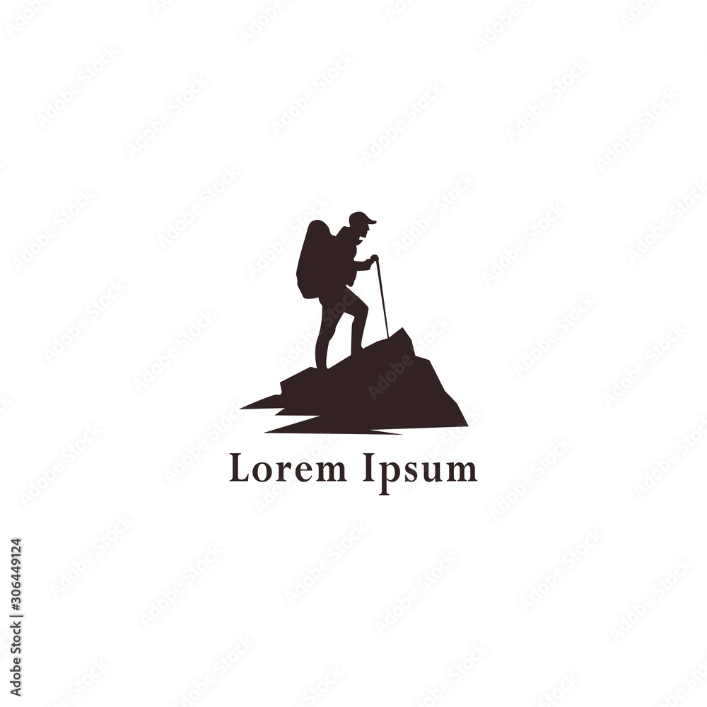 Tourist climbs the mountain symbol, travel and expedition logo, Hiking Logo Template Tourist climbs the mountain symbol, travel and expedition logo, Hiking Logo Template