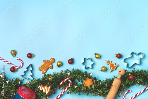 Christmas composition flat lay on light blue background