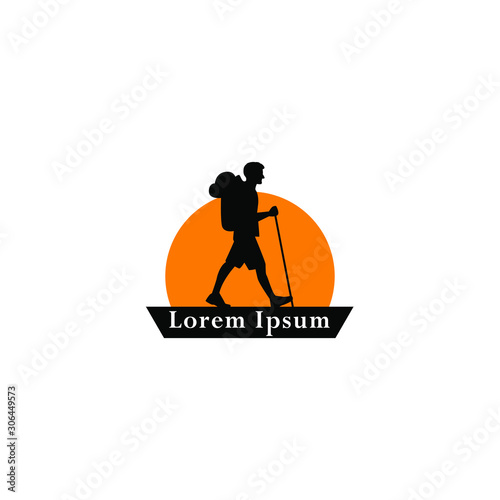 Tourist climbs the mountain symbol, travel and expedition logo, Hiking Logo Template