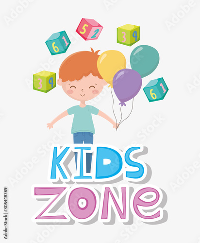 kids zone, cute little boy with balloons cubes toy cartoon