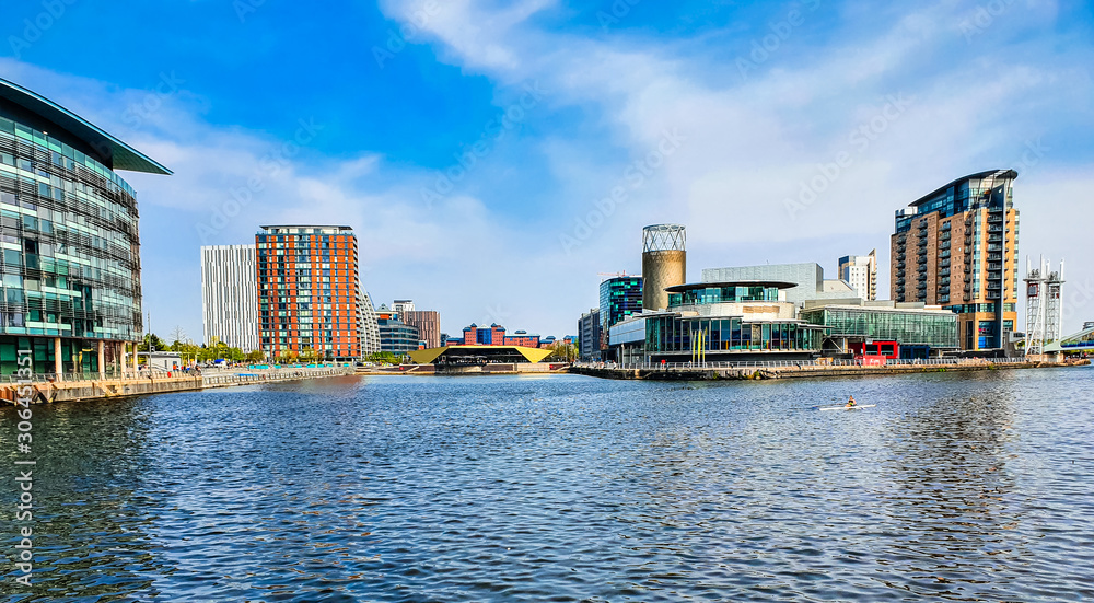 Salford Quays Greater Manchester panoramic cityscape view of popular destination with shopping malls, history, theatre, museums, heritage and sport in England, UK.