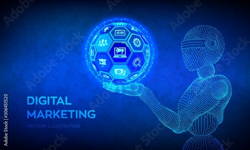 Digital marketing concept. Abstract 3D sphere or globe with surface of hexagons in robotic hand. Wireframe robot. Search Engine Optimisation. SEO. SMM. Advertising. Vector illustration.