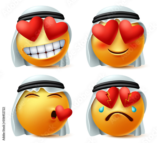 Arab emoticon of heart and love vector emoji set. Saudi arabian emoticon cute face in in love, broken, hurt and loved expression wearing traditional agal and ghutra isolated in white background. 