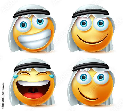 Happy arab emoticons vector set. Saudi arab emoji face and emoticons in laughing, naughty, smiling and happy facial expression with 3d realistic design isolated in white background. 