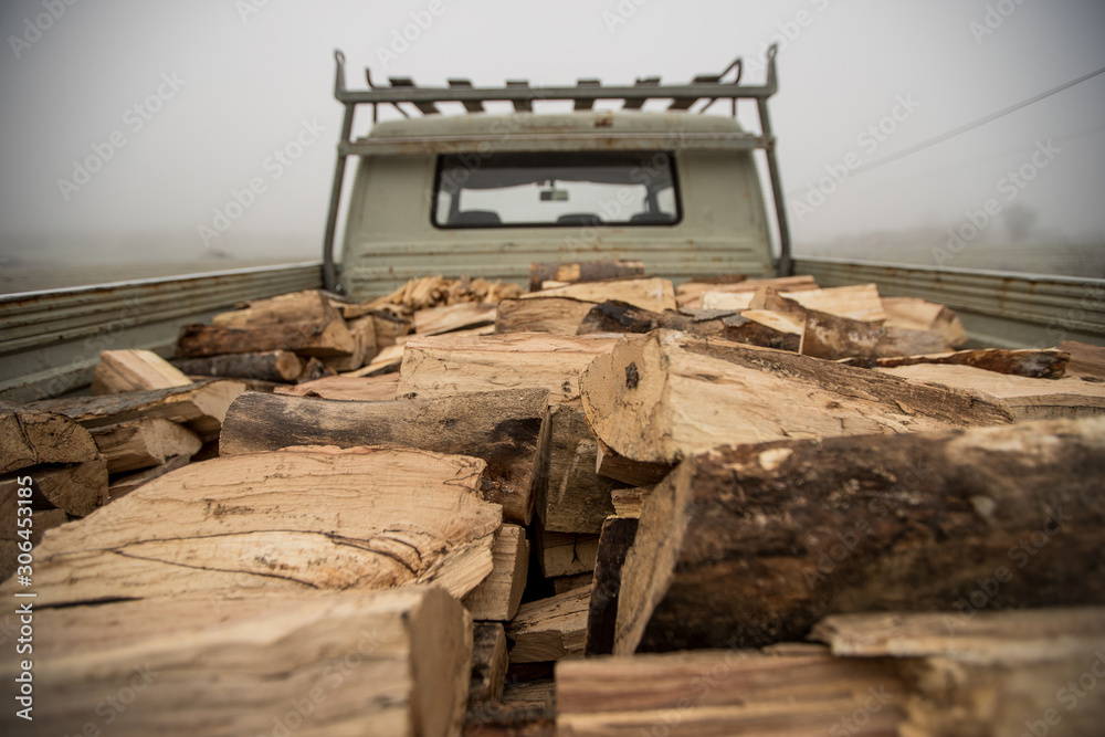 Fototapeta premium Wood for heating on a car. Back of a truck loaded with chopped wood logs on a grey day.